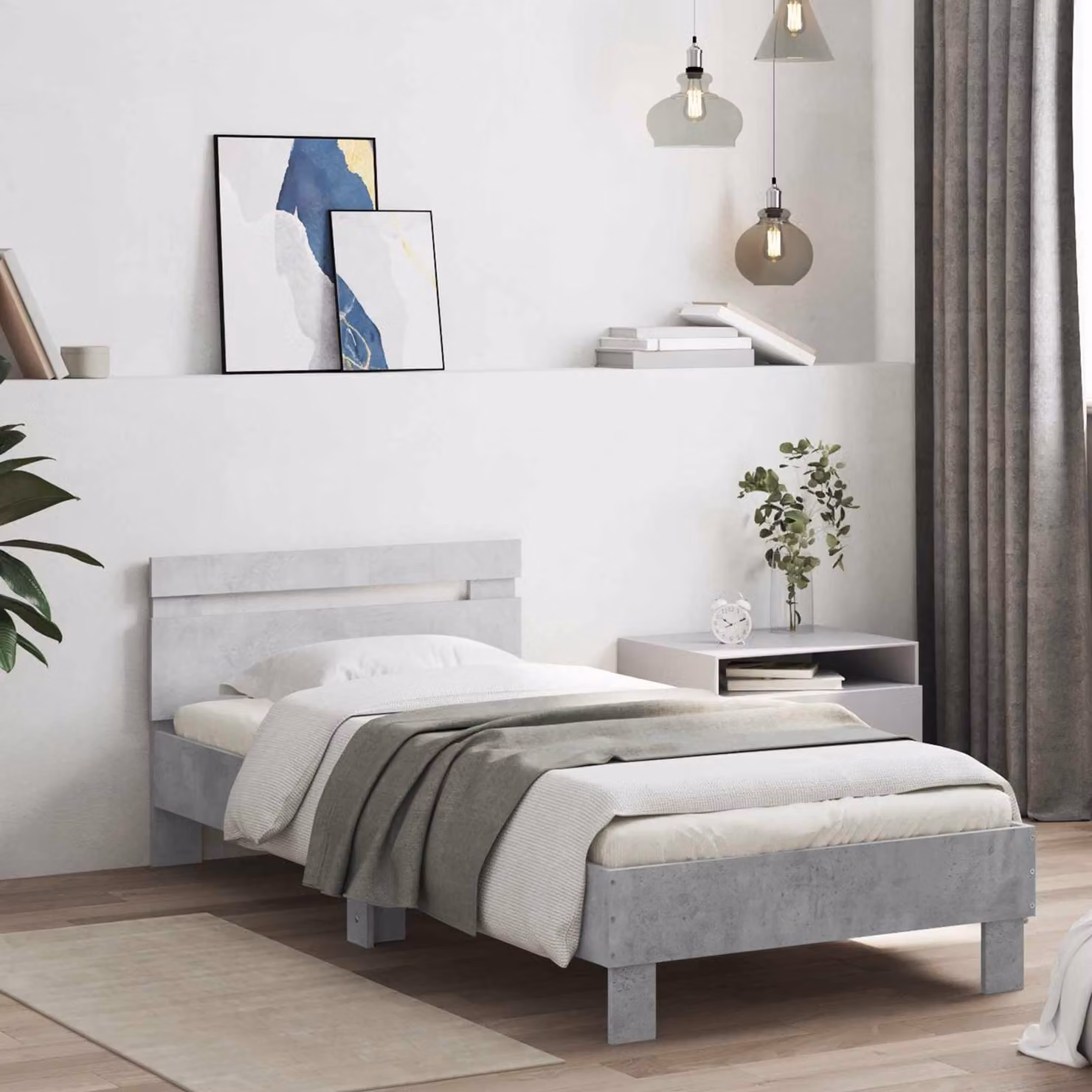 Letto moderno vidaXL in legno ingegnerizzato con illuminazione sottostante e porta USB, Grigio, L: 80 cm, P: 200 cm, H: 140 cm