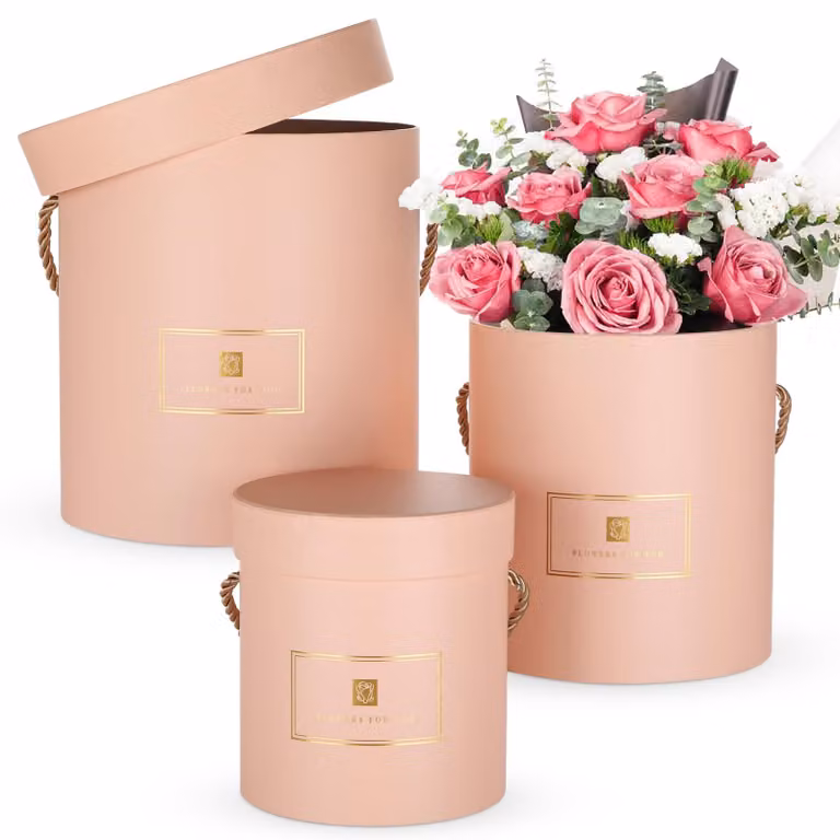 Set di 3 contenitori rotondi, realizzati in cartone con coperchio, di diverse dimensioni, ideali per confezioni regalo