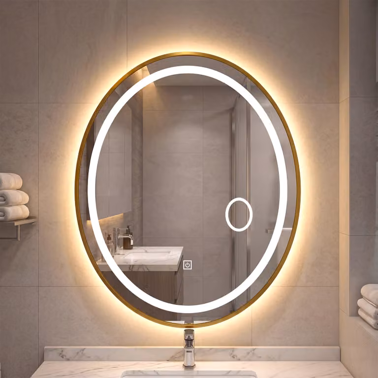 Specchio da bagno ovale Costway con luci LED regolabili e vetro anti-schegge, colore oro, L: 50 cm, H: 60 cm