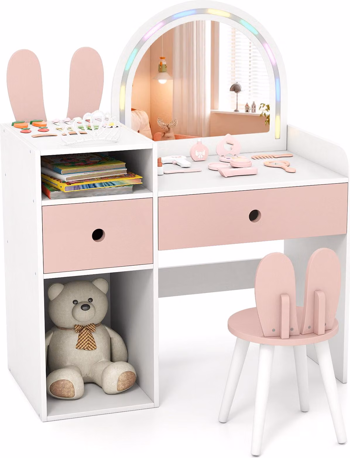 Tavolo da trucco per bambini COSTWAY, tavolo da toilette con 2 cassetti, luci LED e sgabello, tavolo da trucco per bambini, tavolo cosmetico per bambini dai 3 anni in su, bianco