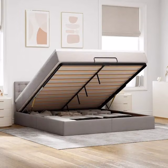 Letto con contenitore a sollevamento vidaXL in tessuto beige e grigio L: 180 cm, P: 200 cm, H: 88 cm – 1