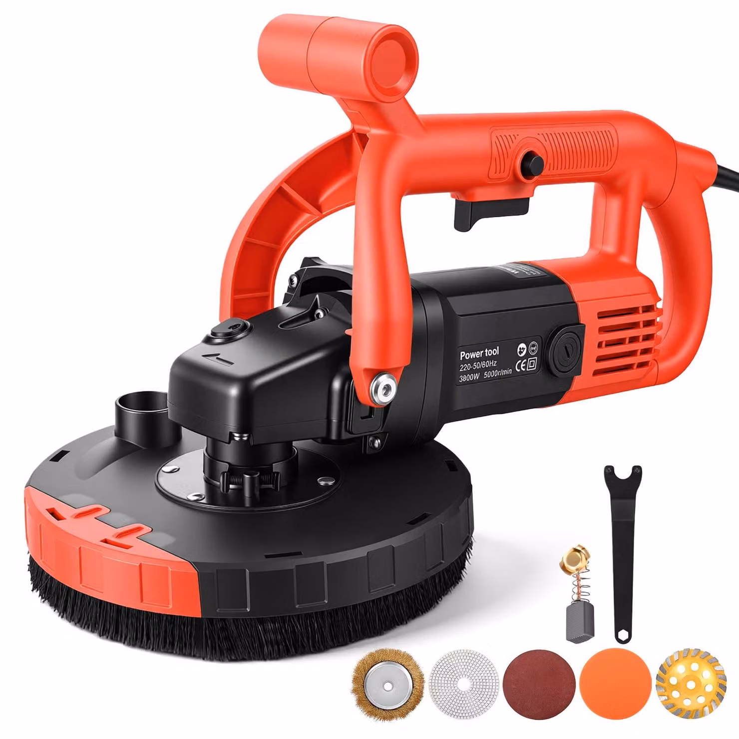 Levigatrice per pavimenti e muri - Levigatrice per calcestruzzo manuale - 3800 W - A quattro ruote - Antidust - Con prolunga - Per levigatura grossolana - Arancione