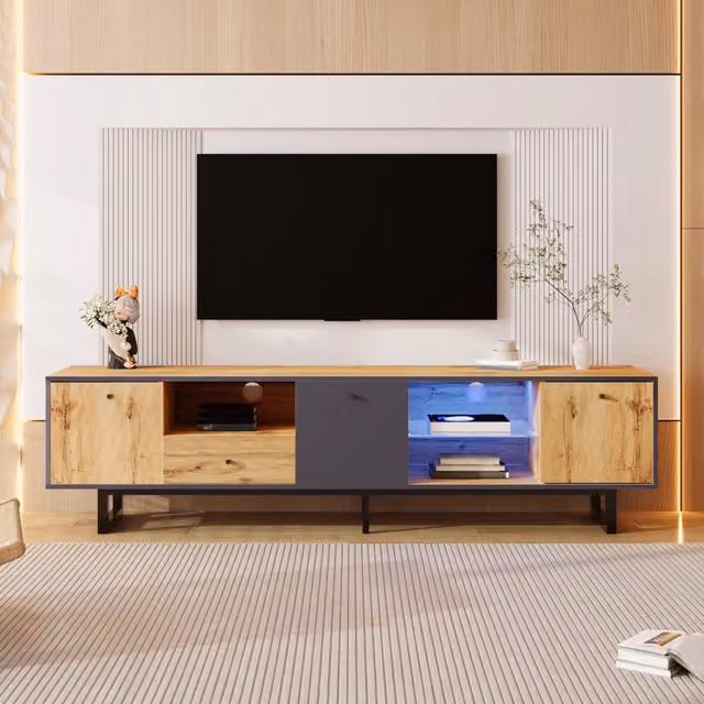 Mobile TV 190x40x50 cm Legno Antracite con LED App, 3 Ante, 1 Cassetto e Ripiani in Vetro