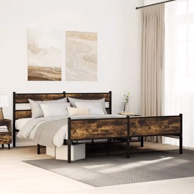 Giroletto vidaXL in metallo e MDF color rovere fumo con doghe fisse, L/P/H: 180 x 200 x 91.5 cm – 1