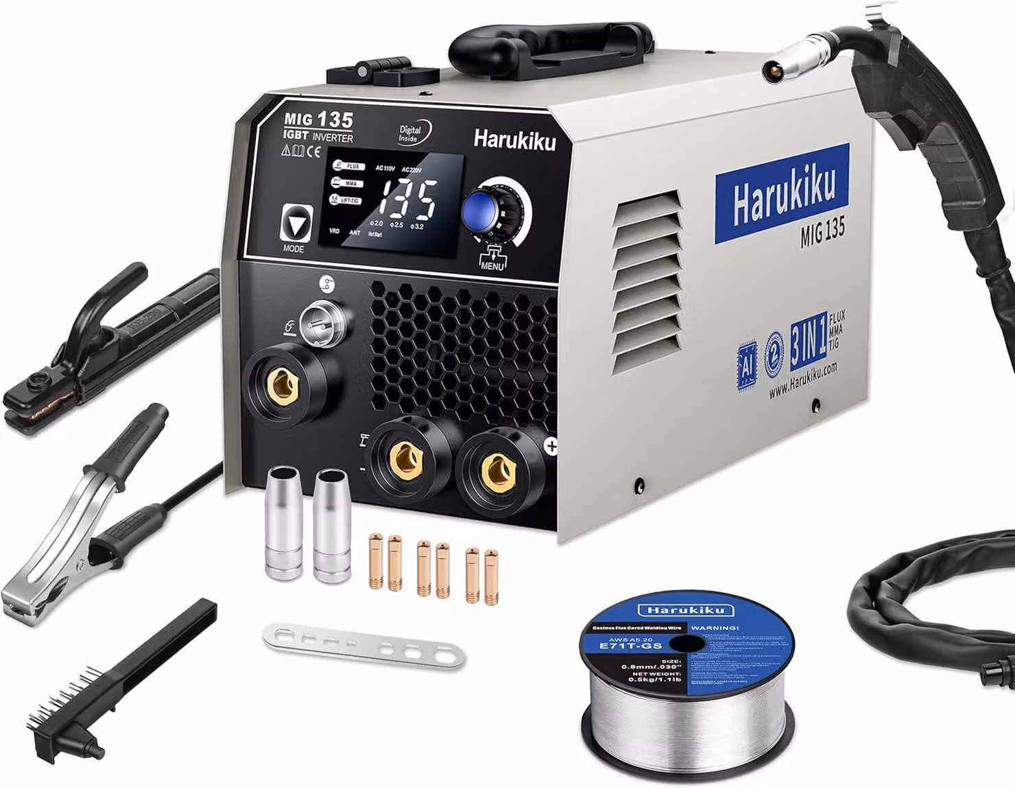 Saldatrice multifunzione 135 A, 3-in-1 (MIG, MMA, TIG) con inverter e sistema di assistenza all'innesco dell'arco