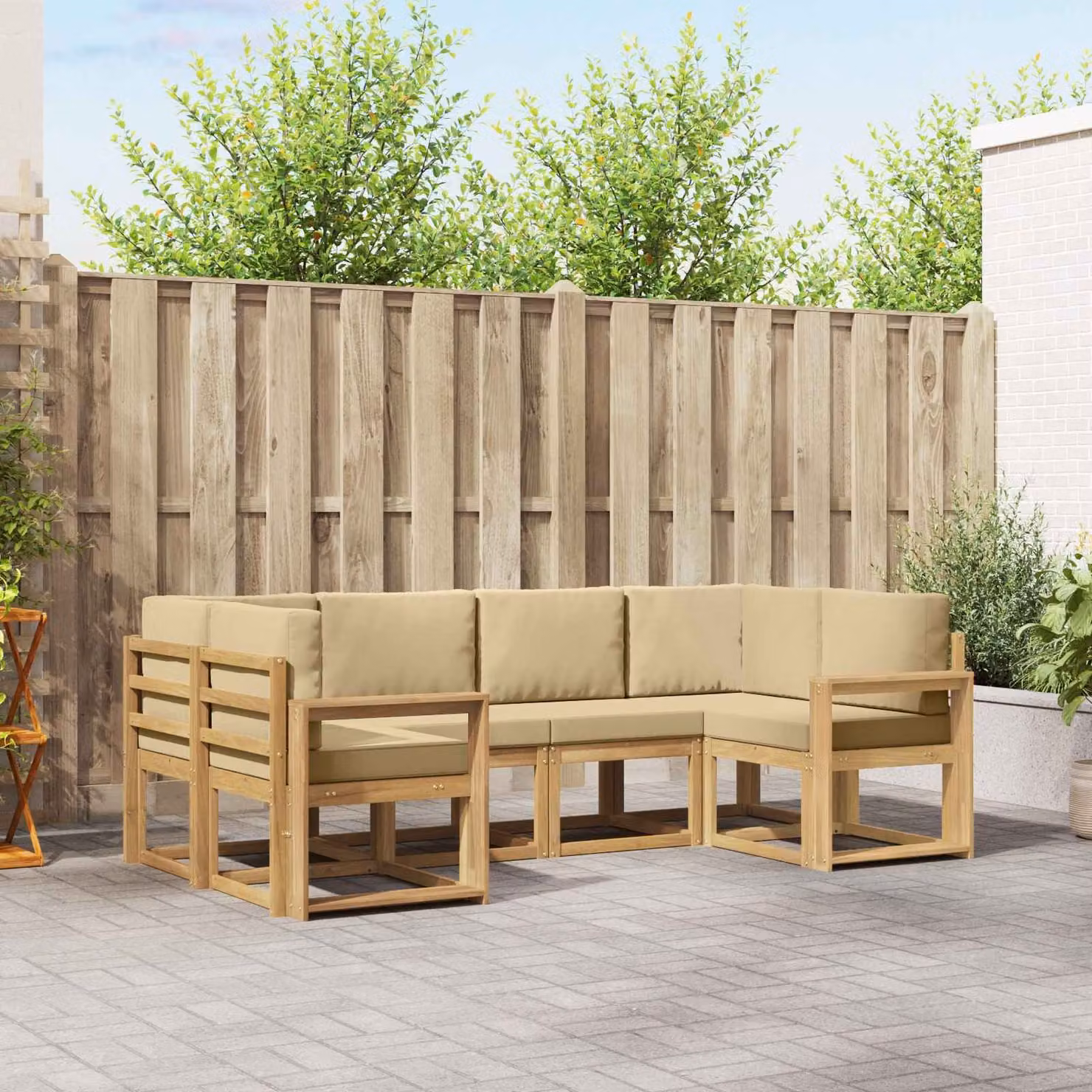 Set di divani da esterno vidaXL a forma di L composto da 6 pezzi in legno di acacia con cuscini, Bianco e Beige