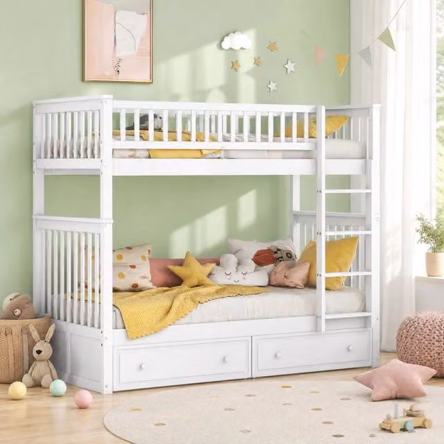 Letto a castello ULEVR 90x200 cm trasformabile in 2 letti, con 2 cassetti, pino e MDF bianco