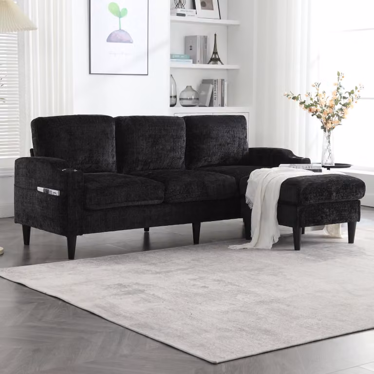 LVHOM Divano a 3 posti con poggiapiedi, 196,5 cm Divano modulare con porta bevande e tasche laterali, panca in ciniglia con vano portaoggetti, set di divani, nero