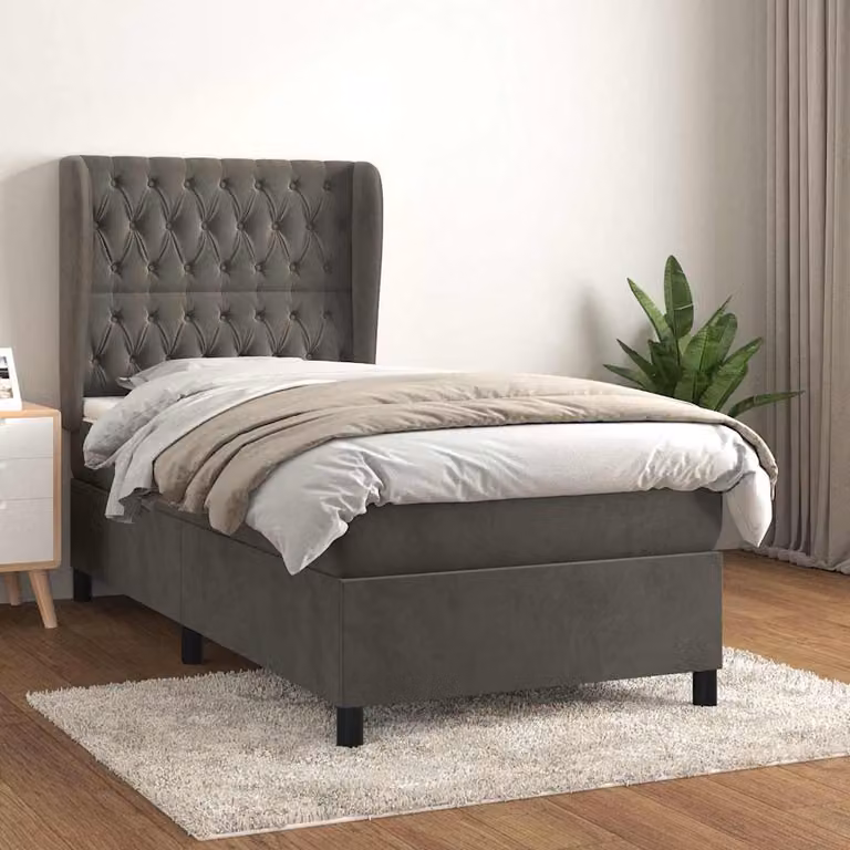 vidaXL Giroletto a Molle Ibrido con Materasso in Velluto Grigio Scuro e Struttura in Legno di Larice, L/P/H: 90 x 200 x 128 cm