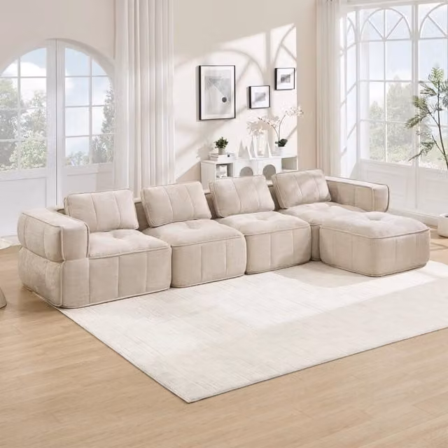 Divano modulare 344x162x67 cm con pouf in poliestere beige