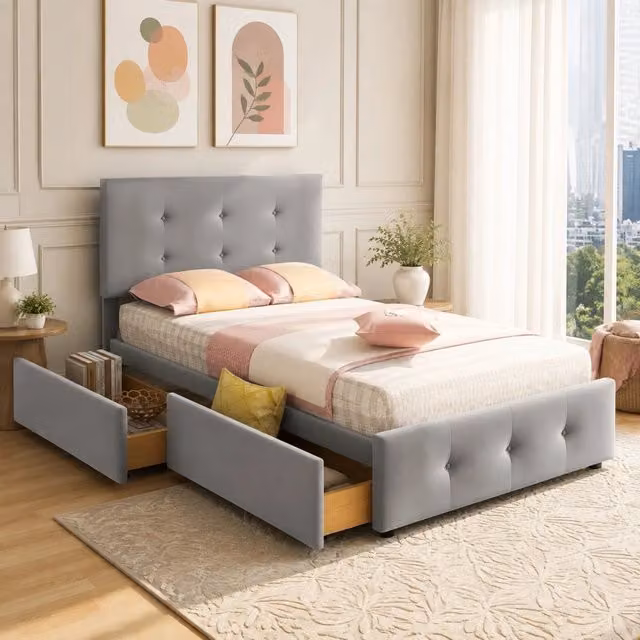 Letto imbottito REDOM in velluto grigio con cassetto e testiera L/P/H: 90 x 200 cm – 1