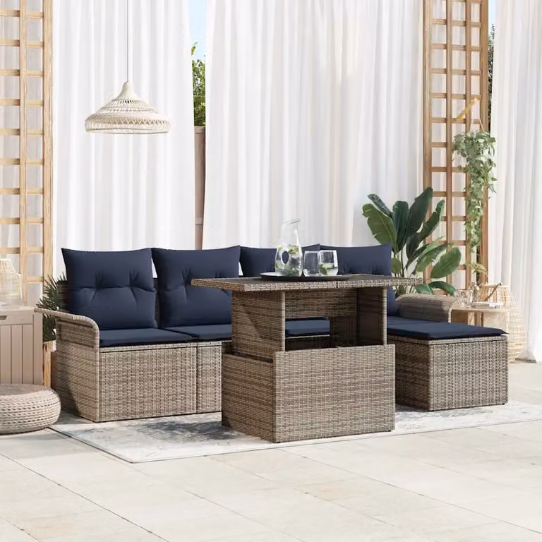 Set Divano da Giardino vidaXL 6 Pezzi a Forma di L in Polyrattan Grigio con Cuscini e Tavolino