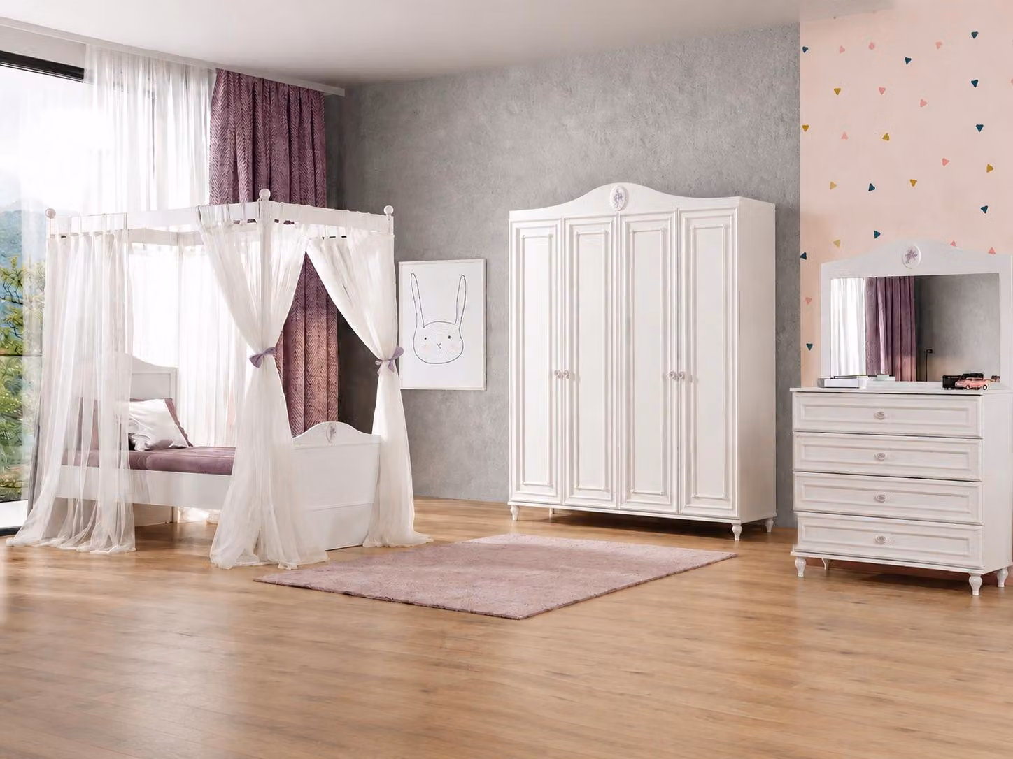 Letto a baldacchino, armadio, cassettiera, specchio, bianco, legno, tessuto