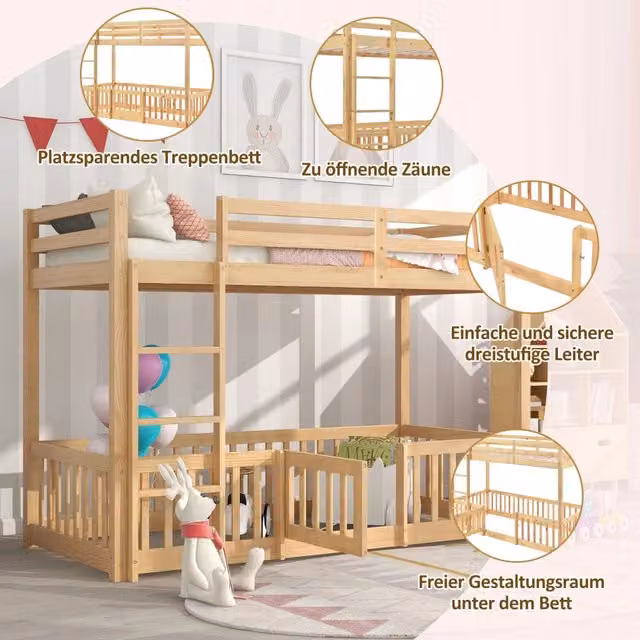 Letto a soppalco 1 posto con scala ad angolo retto, sponde e porta, 90 × 200 cm, senza materasso