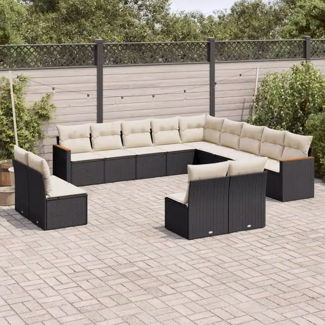 Set di divani da giardino a forma di L vidaXL in rattan nero con cuscini bianchi e struttura in metallo per esterno