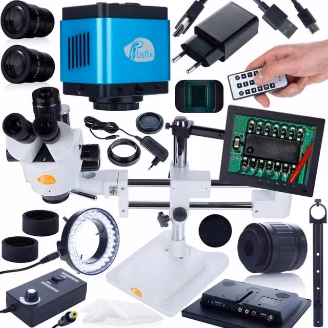 Microscopio Stereoscopico Trinoculare Jupiter Pro MSJP-T-SDMS1 con Zoom 7x-45x, Testa Rotante 360°, Display 8 pollici e connettività HDMI e USB-C, Colore Bianco Rosfix