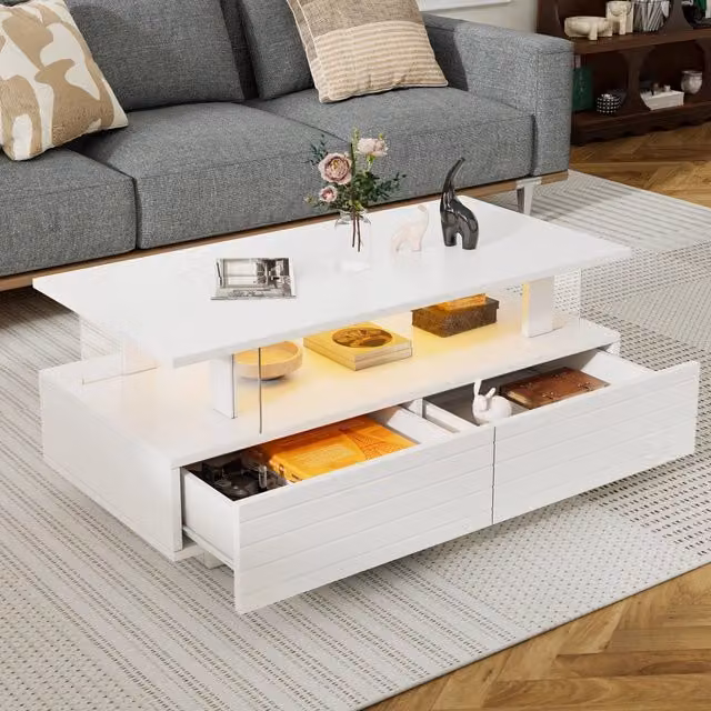 Tavolino da salotto LED con 2 cassetti e ripiano aperto, controllo con app e telecomando, bianco, 100 × 50 × 42 cm