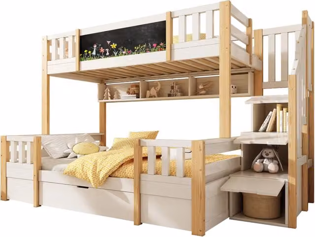 Letto a castello per bambini REDOM in stile scandinavo con struttura a casetta, scala con gradini e cassetti, colore bianco e beige, H 253 x L 90 x P 145 cm – 1