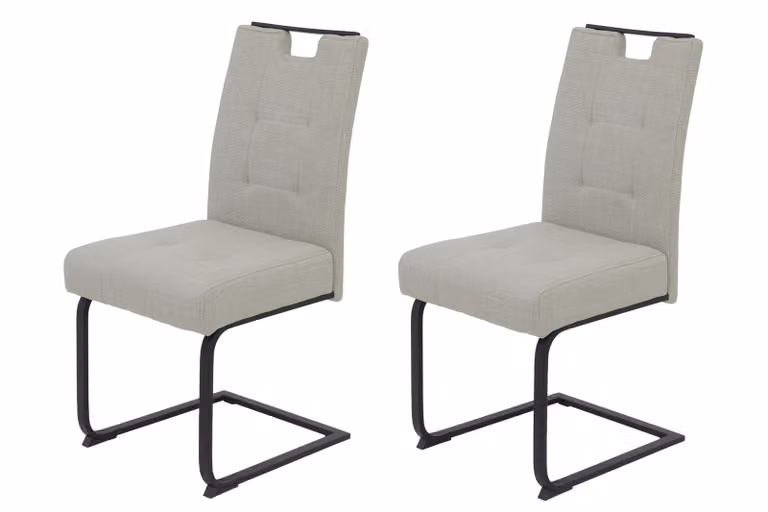 Tavoli Hela, set da 2 sedie da pranzo a sbalzo Vienna, rivestimento in tessuto beige, struttura in tubolare piatto nero, larghezza seduta XL, seduta comfort con molle a cestello, schienale alto con maniglia, portata massima 140 kg