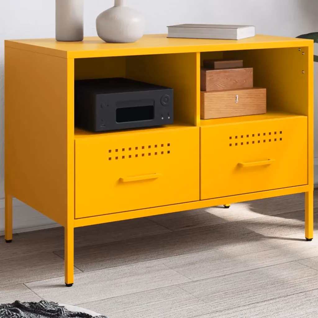 Mobile TV in acciaio in stile industrial giallo, L 68 cm x P 39 cm x H 50,5 cm – 2