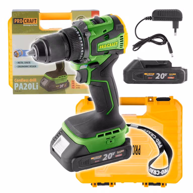 Procraft PA20Li Trapano avvitatore a batteria 20 V 50 Nm Brushless + 1x batteria 2,0 Ah + caricabatterie + valigetta