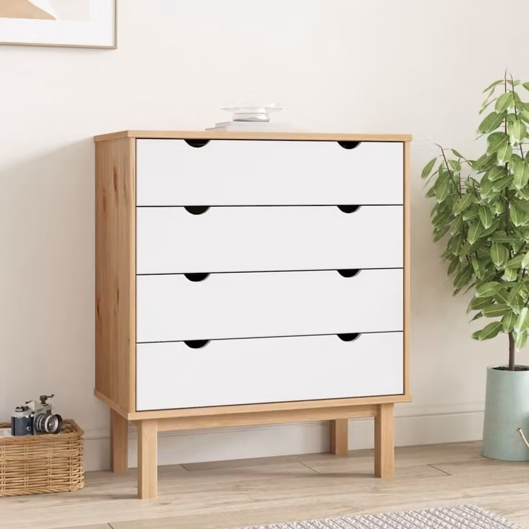 The Living Store Cassettiera OTTA Brown&White 76,5x39,5x90 cm in legno massiccio