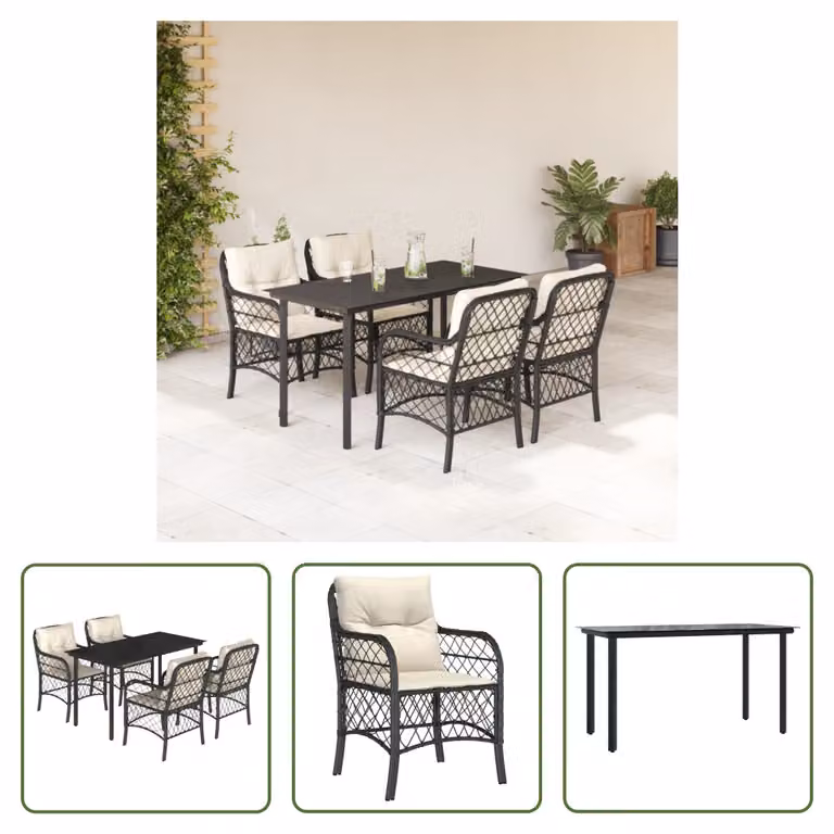 The Living Store Set da pranzo da giardino 5 pezzi con cuscini in poly rattan nero