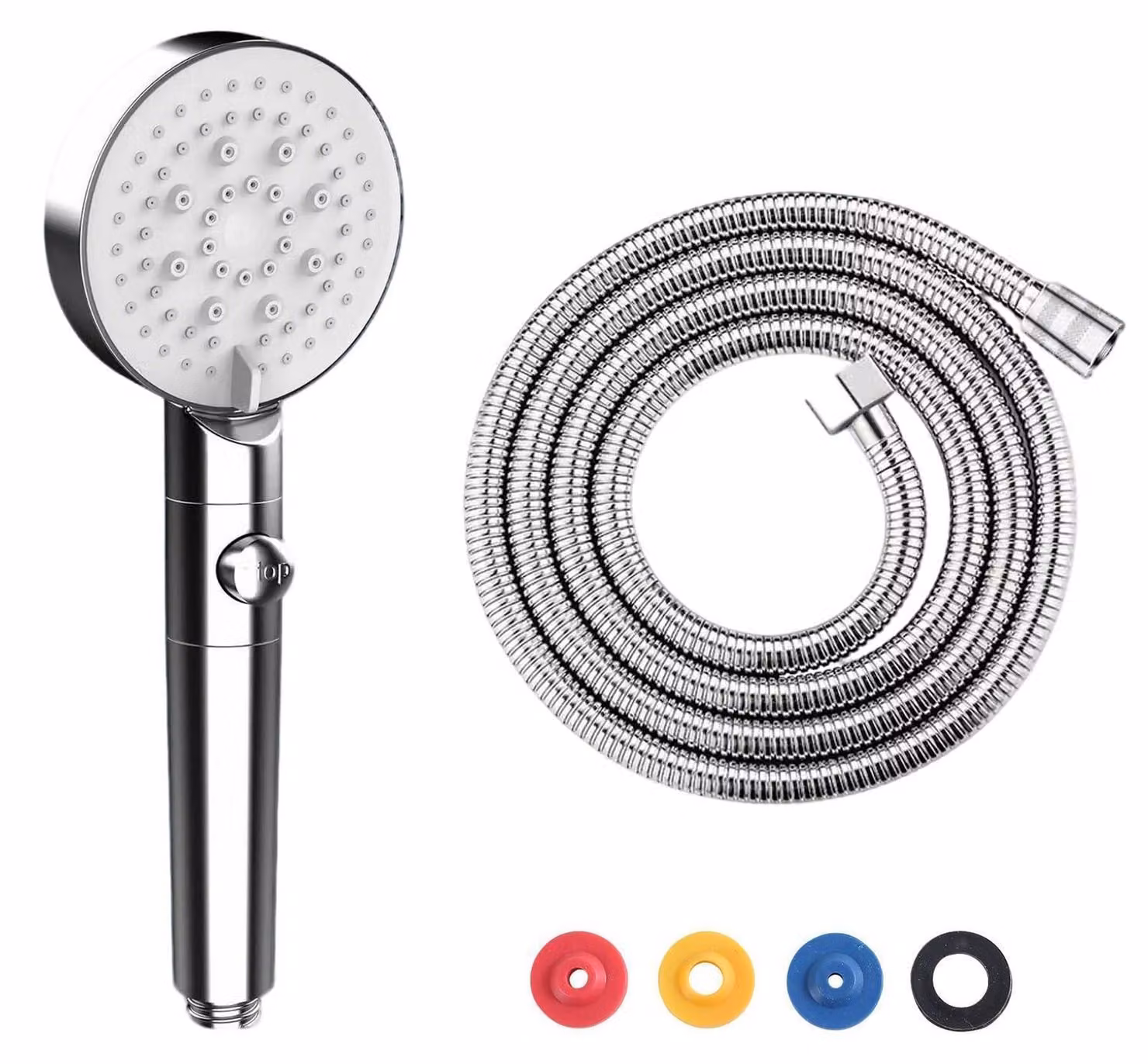 Doccia con tubo da 1,5 metri, soffione ad alta pressione, doccetta manuale con 5 modalità, funzione di interruzione del flusso, ugelli in silicone autopulenti, colore argento