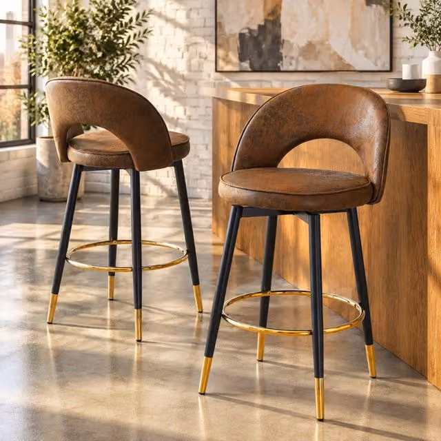 Set di 2 sgabelli da bar girevoli a 360° in tessuto marrone con struttura in metallo nero
