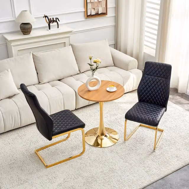 Set Tavolo Rotondo e 2 Sedie da Pranzo ¨C Xylo ¨C Piano MDF Effetto Legno, Gambe Oro, Struttura Metallo Nero