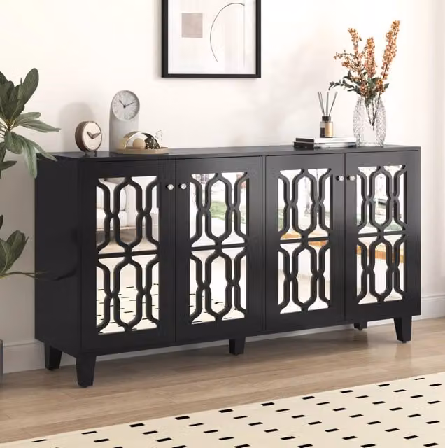 Credenza 160x40x84 cm con 4 ante; ripiani interni mobili; MDF nero