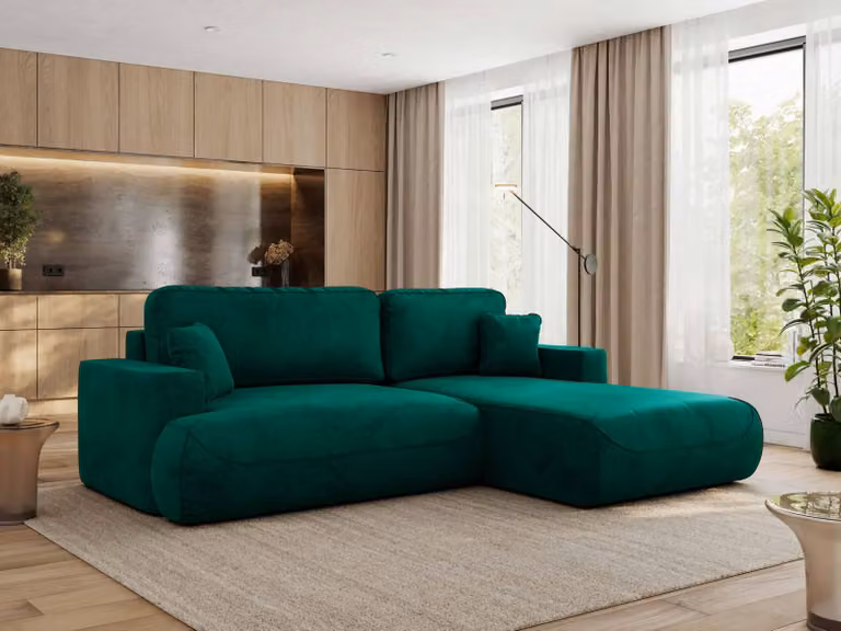 MKS MEBLE divano angolare OVO con funzione letto e box letto, velluto verde scuro, divano a L, divano angolare a 4 posti, 271x195x95 cm - lato destro