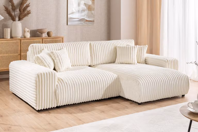 Mollis - Divano angolare con funzione di letto e rete in velluto a coste beige chiaro, per un comfort di seduta straordinario