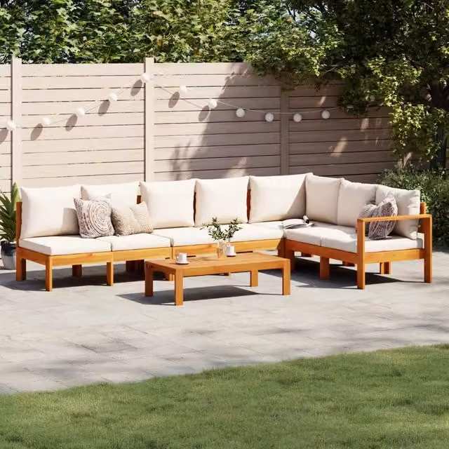 Set Divano da Giardino a L vidaXL in Legno di Acacia con Cuscini Beige e Bianchi 5 Pezzi – 1