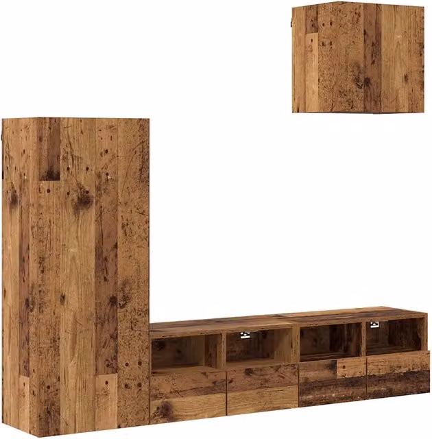 Set di 4 unità per mobile porta TV a muro in legno multistrato color marrone effetto legno vecchio, design moderno per soggiorno – 1