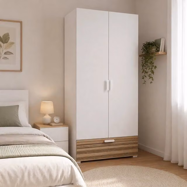 Armadio da camera da letto Centaurea DMORA con 2 ante, appendiabiti, ripiani e cassetti, Bianco Rovere Rigato, L: 52 cm, H: 180 cm