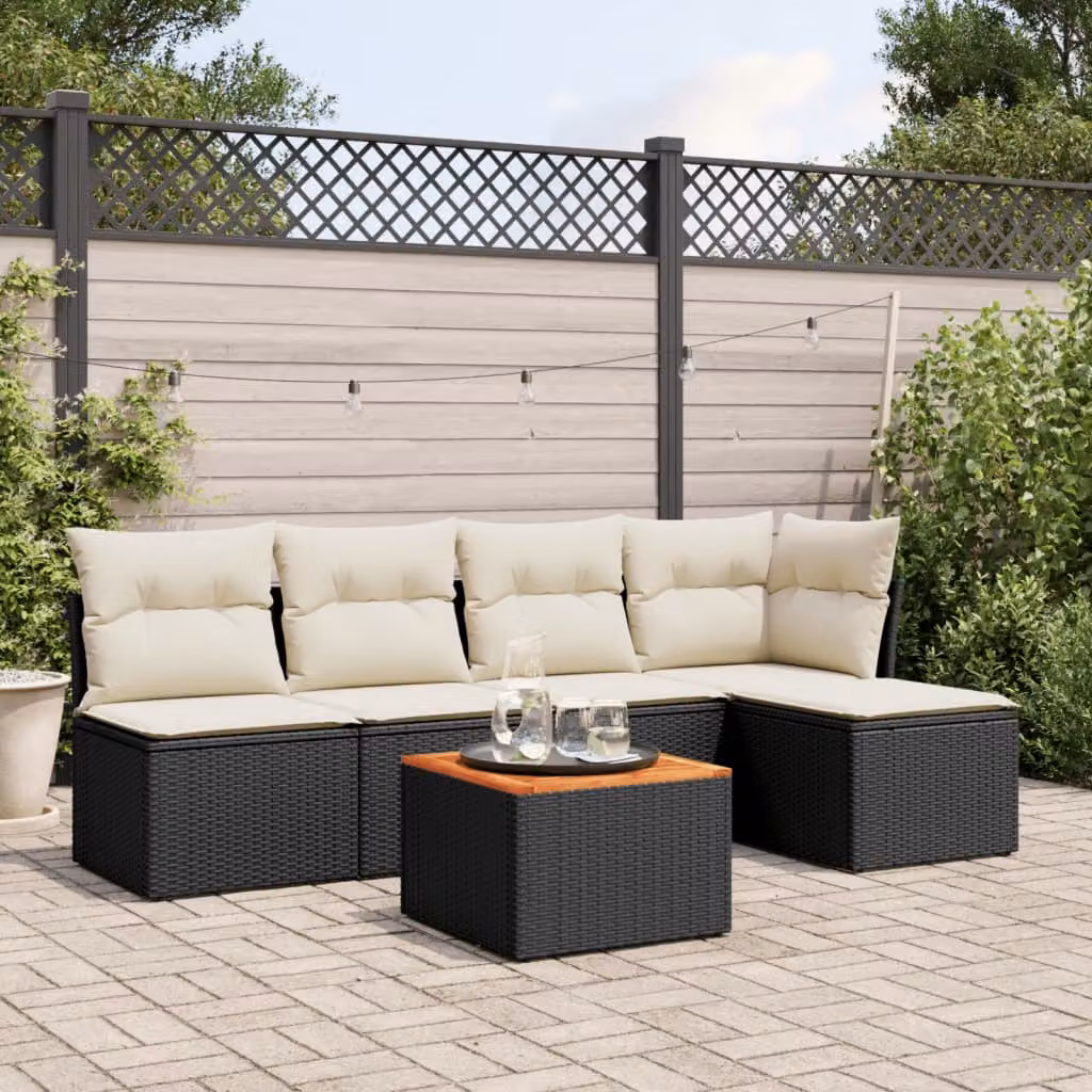 vidaXL Set Divano da Giardino 6 pz a L con Cuscini in Polyrattan e Legno di Acacia Nero – 1