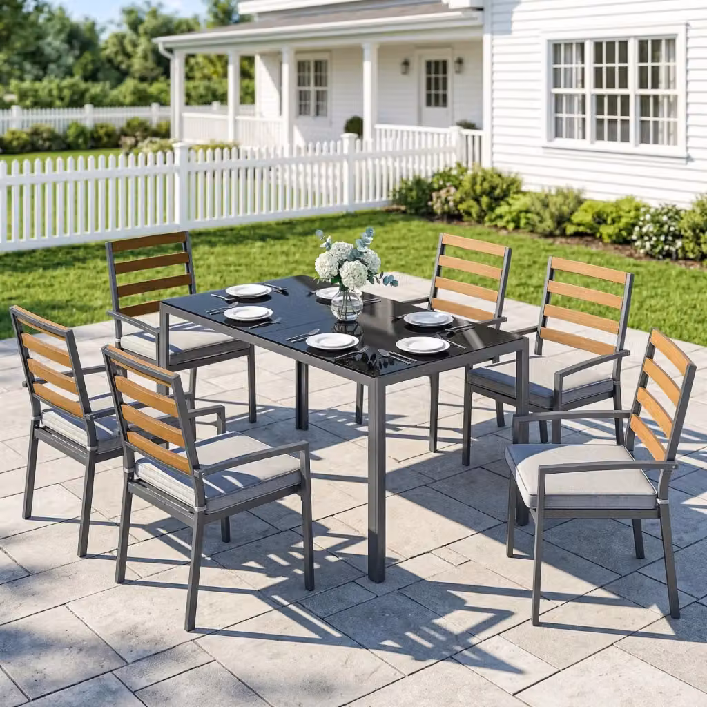 Set da pranzo da giardino GIORDANOSHOP con tavolo rettangolare in vetro e 6 sedie in acciaio nero e grigio – 2