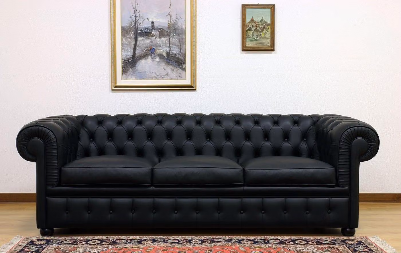 Design Chesterfield Sofagarnitur 3-Sitzer Leder Couch Schwarz Polster Sofas Sofa