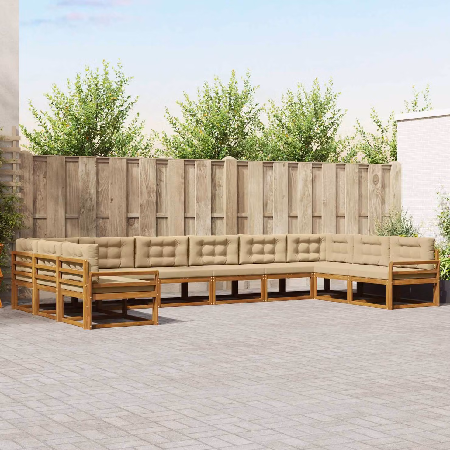 Set di divani da esterno vidaXL a forma di U in legno di acacia con cuscini, Beige e Sabbia