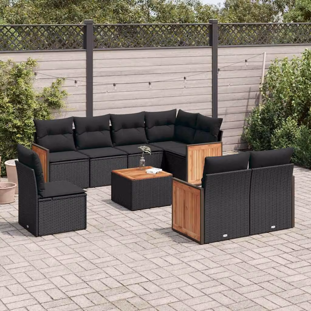 vidaXL Set Divani da Giardino a L 9 pz in Polyrattan Nero con Cuscini e Tavolino da Esterno – 1