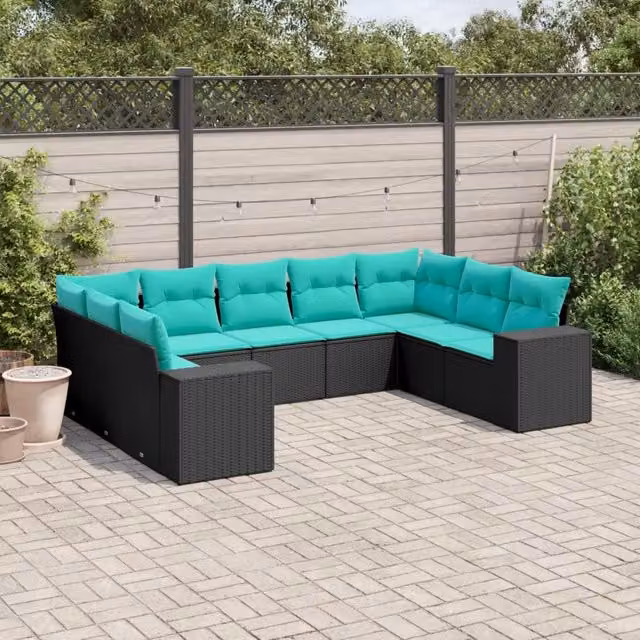 Set Divani da Giardino 9 pz con Cuscini Nero in Polyrattan 3222996
