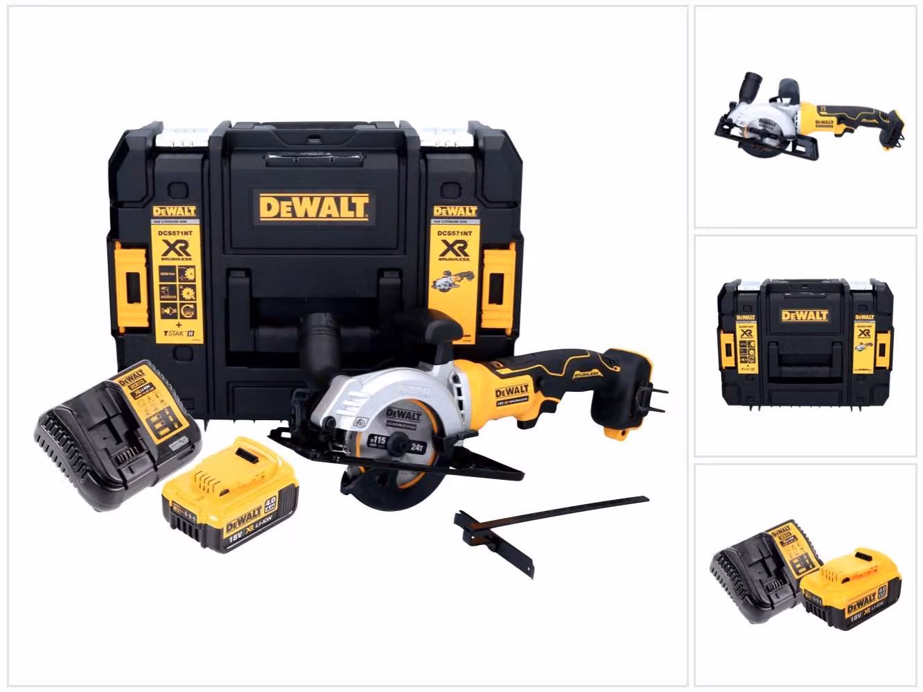 Sega circolare a batteria DeWalt DCS 571 M1 18 V 115 mm senza spazzole + 1x batteria 4,0 Ah + caricabatterie + TSTAK