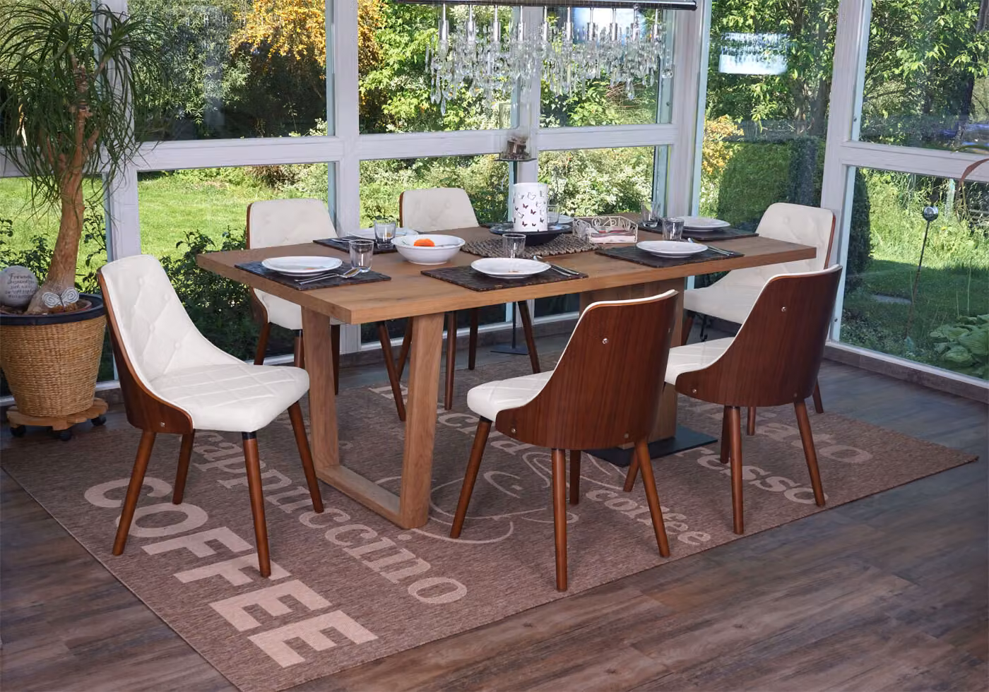 Set da 6 sedie da sala da pranzo MCW-A75, sedie per ospiti e da cucina, in legno curvato effetto noce ~ rivestimento in ecopelle bianca
