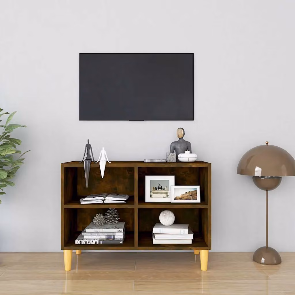 Mobile TV vidaXL in stile scandinavo con gambe in legno massello rovere fumo, colore marrone, L: 69,5 cm, P: 30 cm, H: 50 cm
