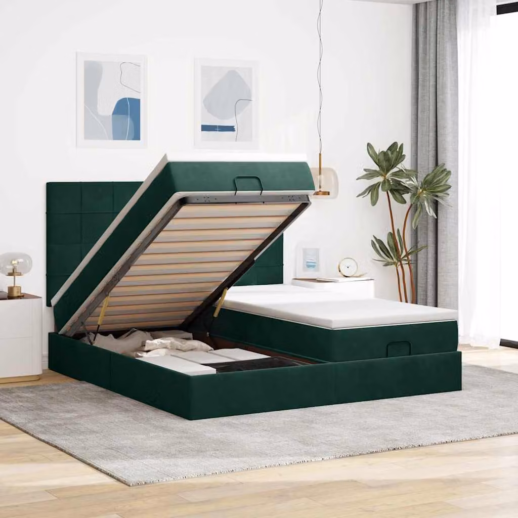 Letto con contenitore e materasso vidaXL in velluto verde e bianco, con base a sollevamento, illuminazione sottostante e porta USB, L: 200 cm, P: 160 cm, H: 128 cm