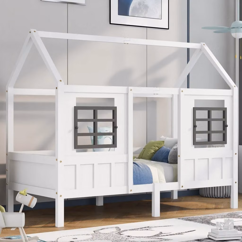 Letto singolo per bambini Chicfurn in legno massello con struttura a casetta e barriera di sicurezza, colore bianco, L 90 cm x P 200 cm x H 174 cm – 2