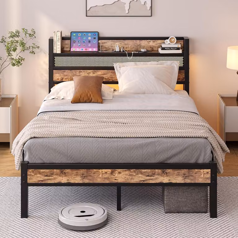 Letto matrimoniale in metallo 140x200 cm con spazio contenitore, luci LED e stazione di ricarica USB