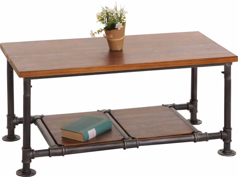 Tavolino MCW-N27, tavolino da soggiorno, tavolino da divano, tavolino ausiliario, stile industriale, legno massello e metallo, dimensioni 48x100x50 cm, colore marrone