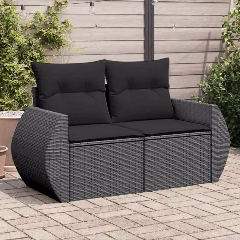 Divano da giardino a 2 posti vidaXL in polyrattan nero con cuscini imbottiti e coperture rimovibili